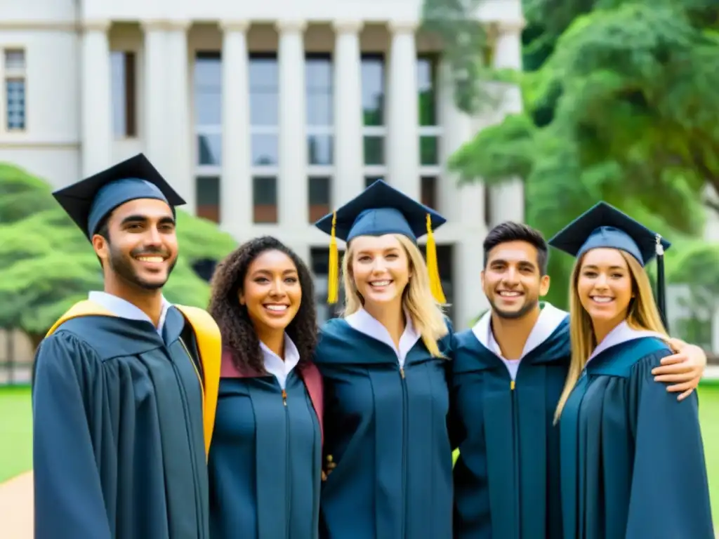 Estudiantes uruguayos sonrientes en su graduación frente a la universidad, reflejando éxito y alegría