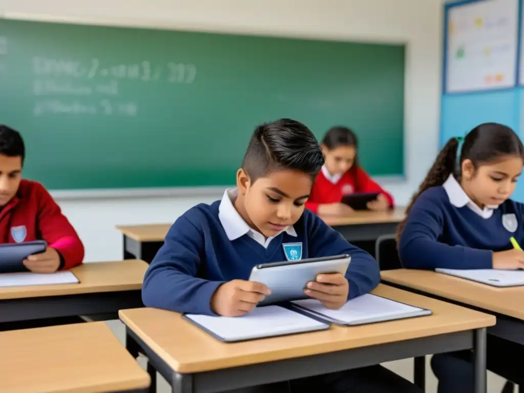 Estudiantes uruguayos usando tabletas educativas en aula moderna con foco y compromiso