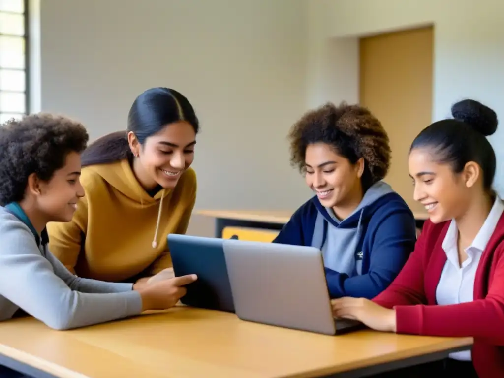 Estudiantes uruguayos colaboran con tecnología en aula moderna, simbolizando acceso equitativo educación superior Uruguay