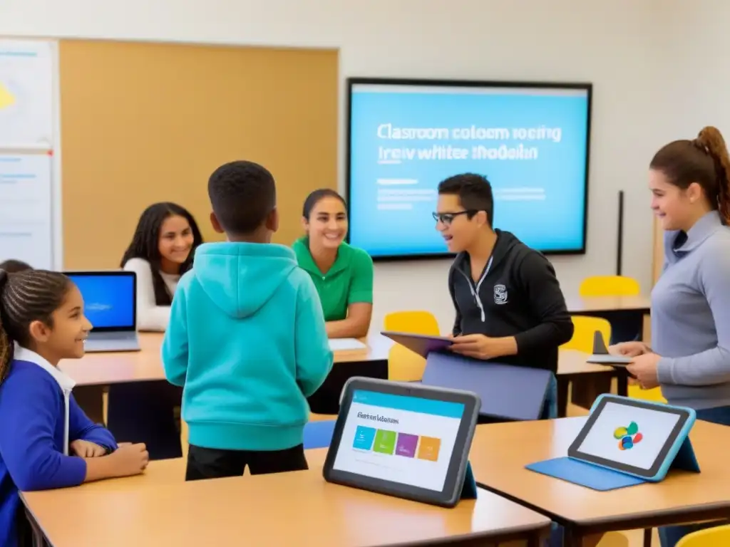 Estudiantes uruguayos implementando tecnología en el aula con tablets, laptops y pizarras interactivas, colaborando en un proyecto educativo innovador