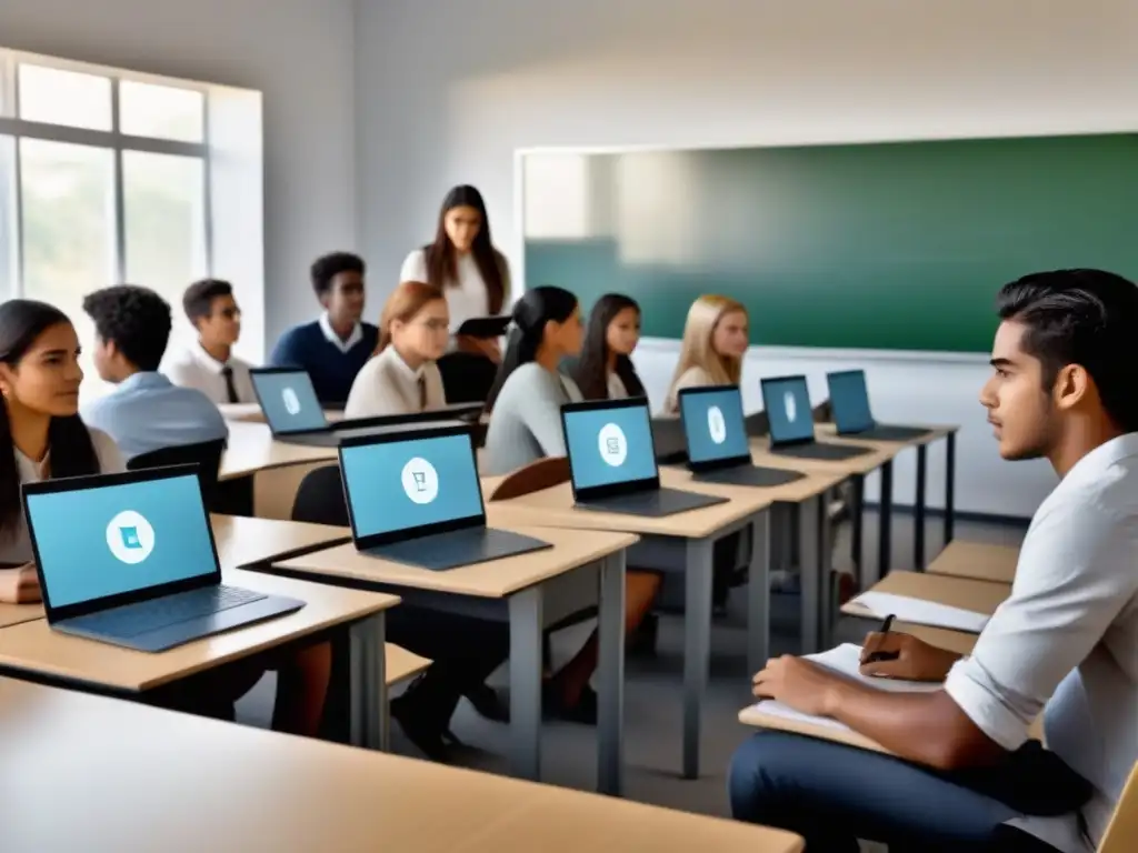 Estudiantes uruguayos colaboran con tecnología educativa en un aula moderna