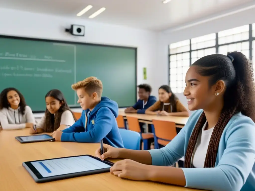 Estudiantes uruguayos usan tecnología educativa innovadora en un aula moderna