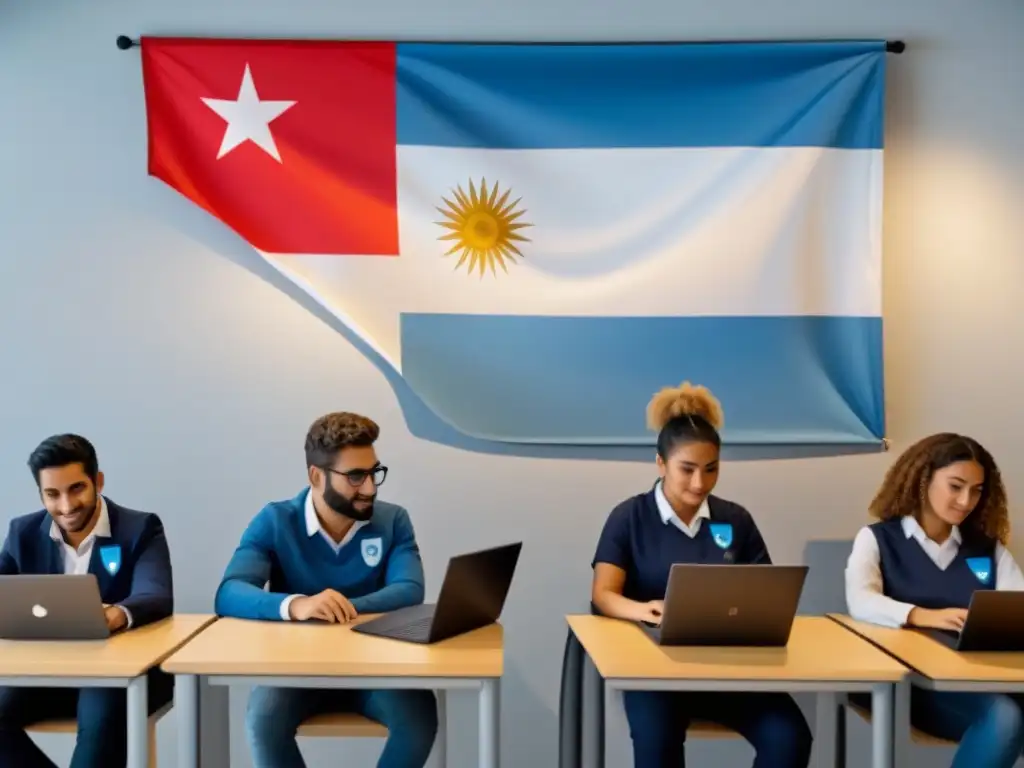 Estudiantes uruguayos colaboran con tecnología educativa en aula moderna