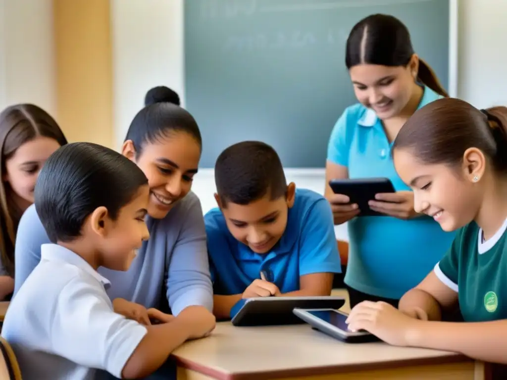 Estudiantes uruguayos utilizan tecnologías asistivas en aula inclusiva, reflejando diversidad y colaboración educativa