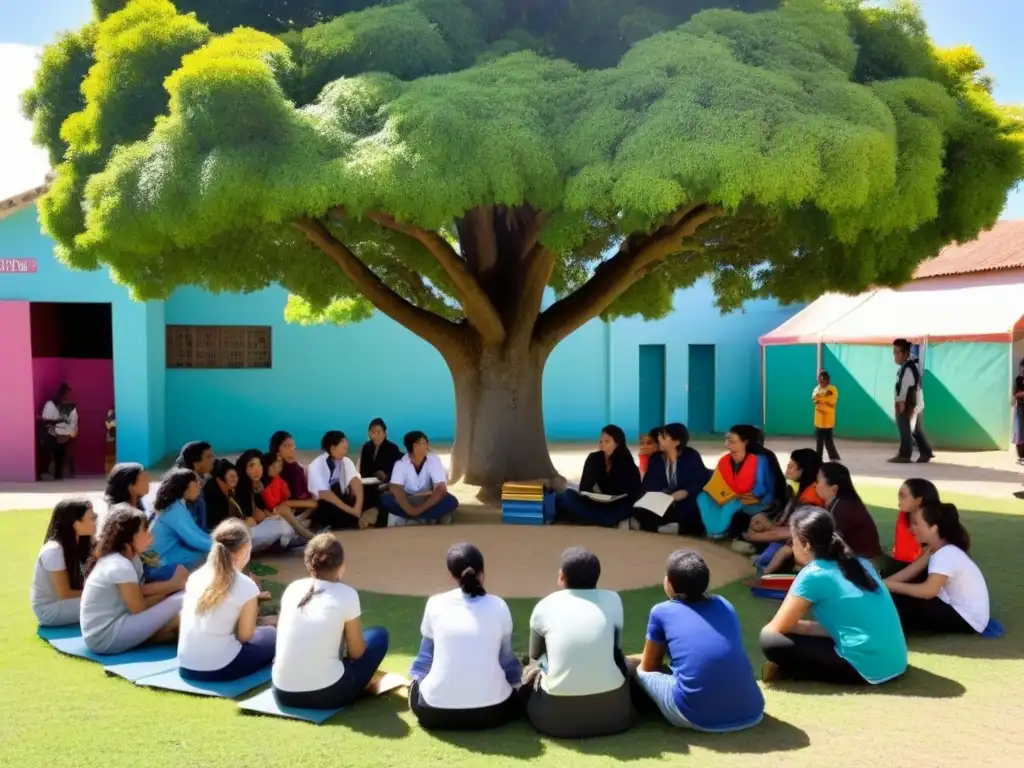 Estudiantes uruguayos unidos en proyecto educativo comunitario bajo árbol con libros y carteles