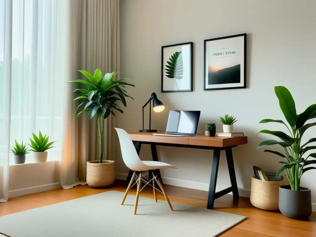 Un rincón de estudio acogedor con escritorio, libros, laptop y planta, ideal para Estrategias de estudio en Uruguay