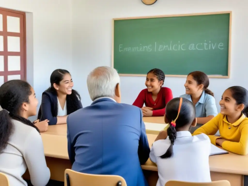 Aprendizaje inclusivo: estudiantes colaborando en aula luminosa en Uruguay Experiencias de inclusión educativa: estudiantes diversos colaboran en un aula en Uruguay