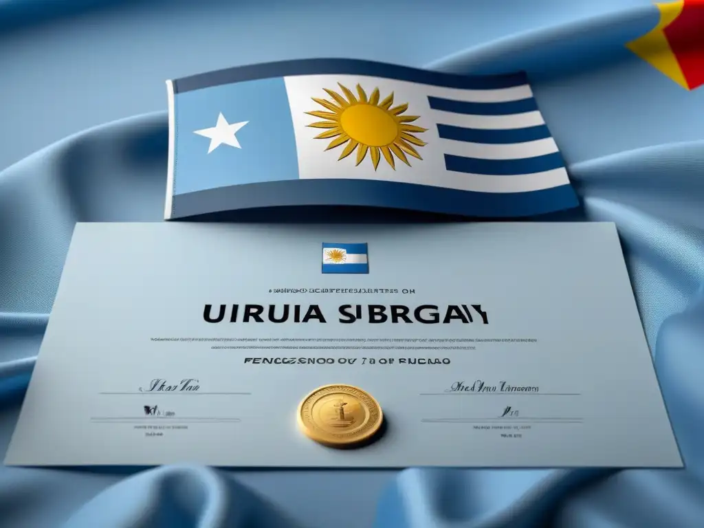 Exquisito certificado digital con sello uruguayo, elegante tipografía y sellos en relieve