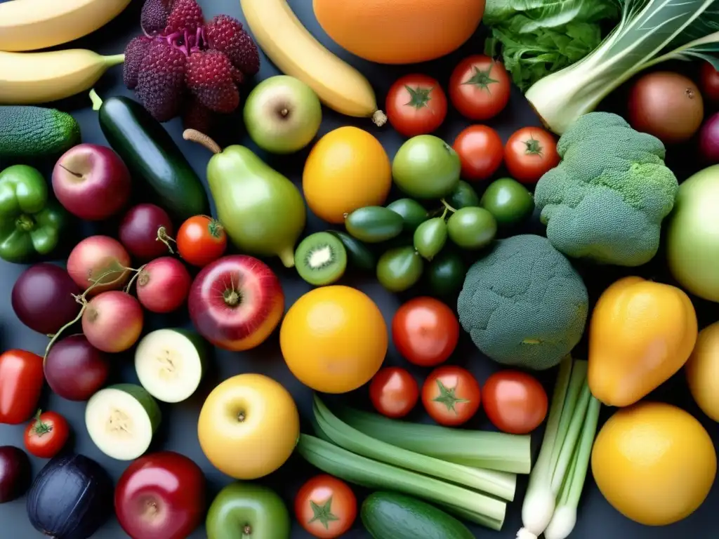 Una exuberante variedad de frutas y verduras frescas, dispuestas de forma atractiva, para la nutrición sostenible en escuelas de Uruguay