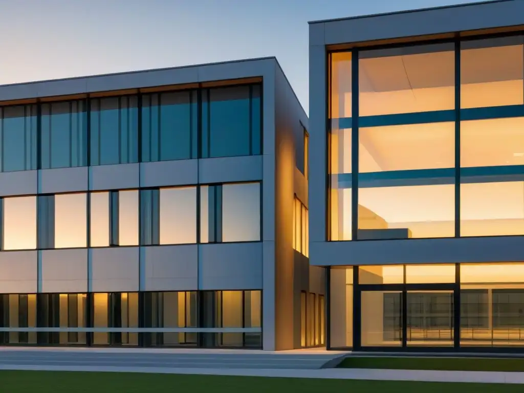 Fachada moderna de escuela al atardecer, reflejando los últimos rayos del sol