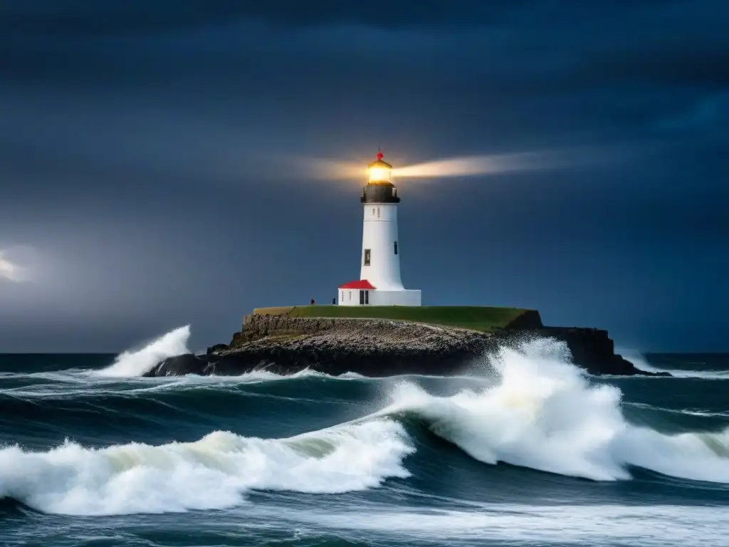 Un faro solitario y majestuoso desafiando las olas, su luz brillando en la oscuridad, simbolizando guía y esperanza