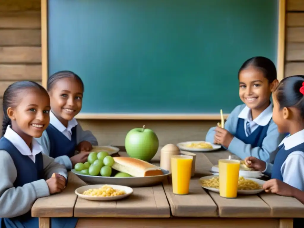 Felices niños de escuela rural comparten comida en mesa de madera