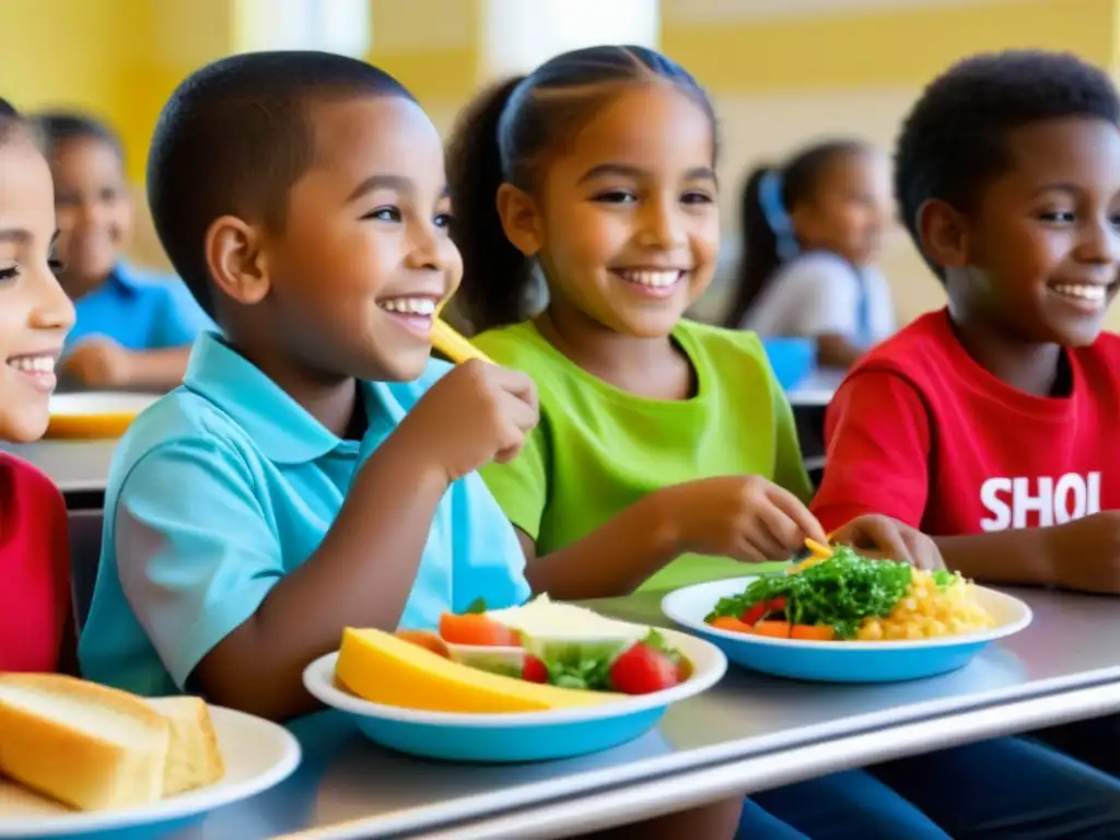 Felices niños de diferentes etnias y géneros disfrutan de comidas nutritivas en la escuela, destacando la Importancia programas alimentación escolar