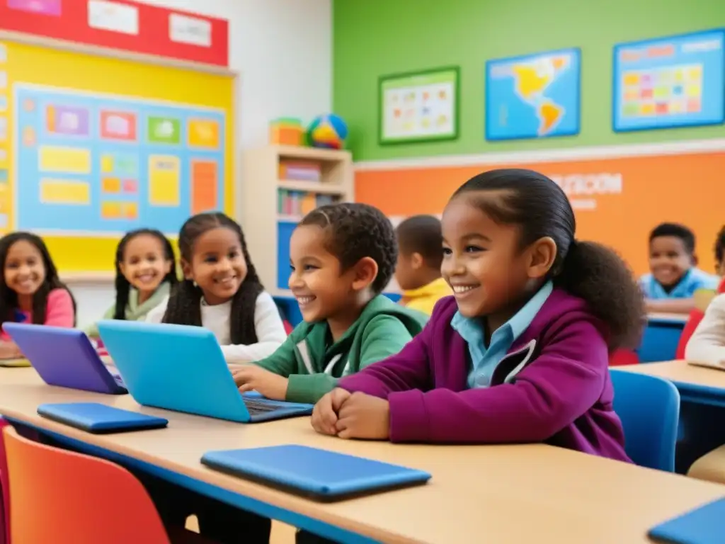 Felices niños aprendiendo con juegos educativos en aula colorida