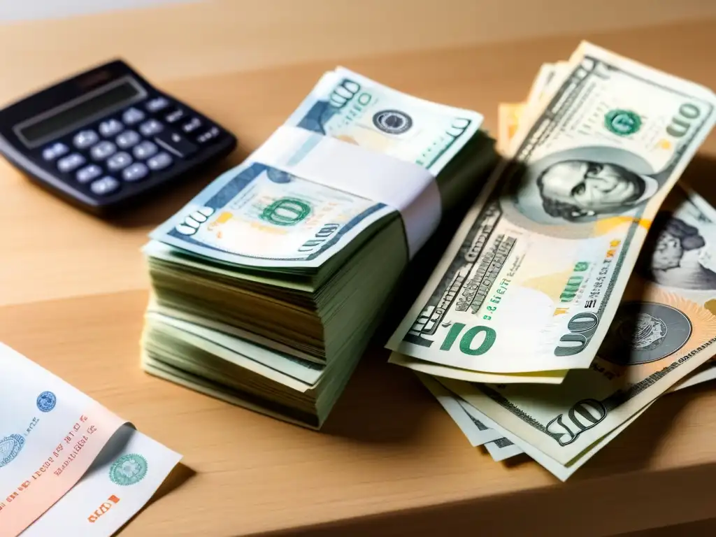 Financiación estudios superiores Uruguay: Pila de pesos uruguayos junto a lentes y calculadora en escritorio de madera iluminado naturalmente