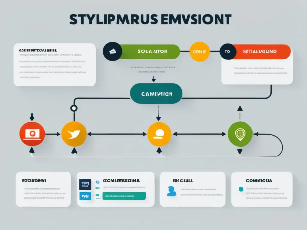 Flujo de campaña de marketing digital para startups educativas en Uruguay, con métricas clave y diseño profesional en tonos suaves