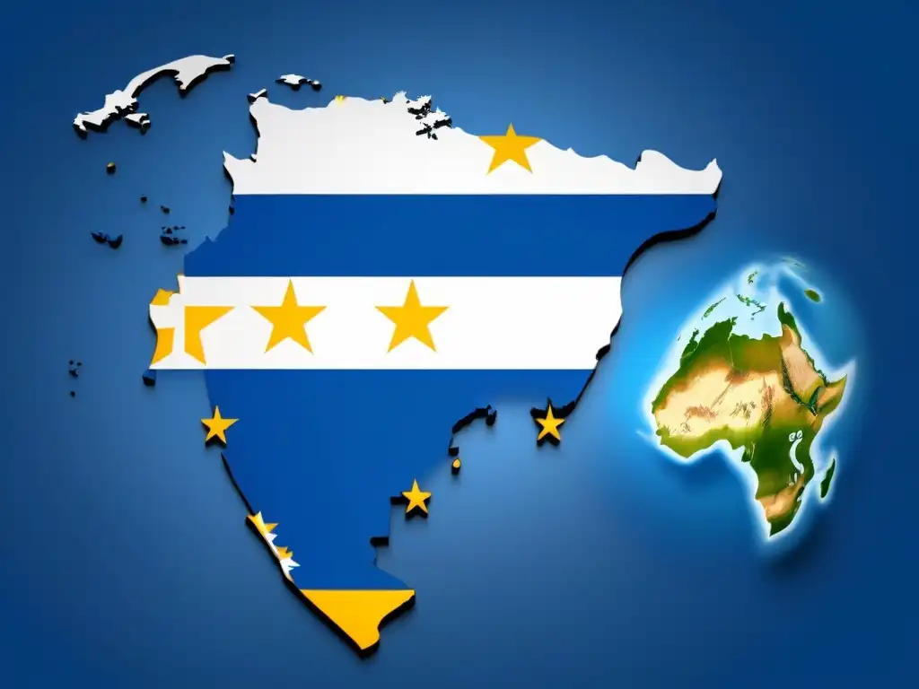 Una fusión detallada de la bandera uruguaya y un mapa mundial digital, simbolizando la importancia del bilingüismo para el futuro económico de Uruguay