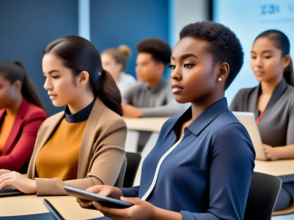 Una representación futurista del aprendizaje móvil en Uruguay, con estudiantes inmersos en tecnología educativa en un aula moderna