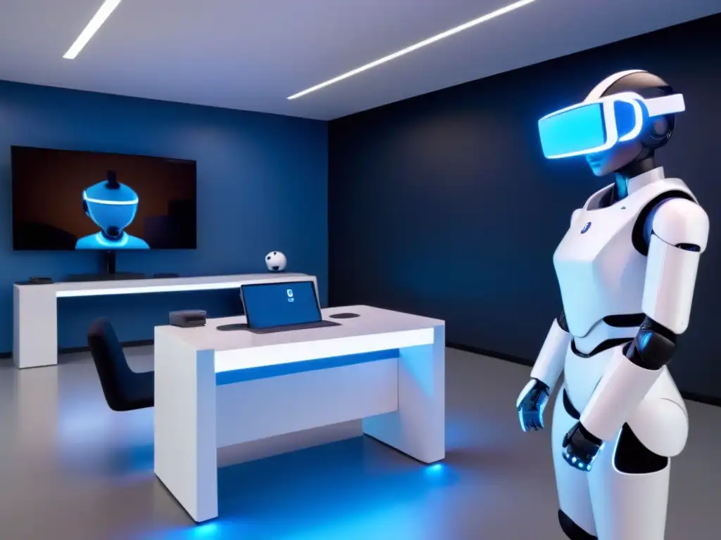 Futurista aula con muebles blancos, pantallas interactivas, estudiantes con gafas AR, robot asistente y luz azul LED