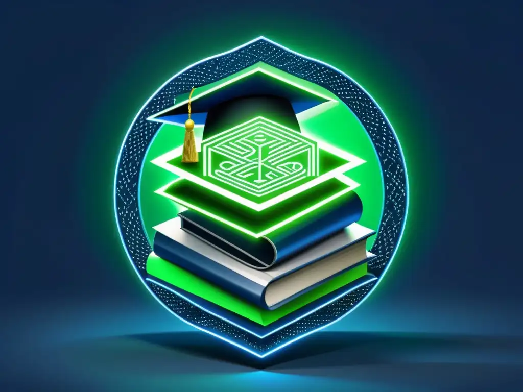 Una representación futurista de blockchain entrelazada con elementos educativos, en plata, azul y verde brillante