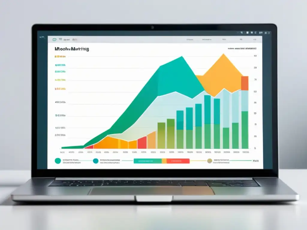 Futurista laptop muestra gráficos de marketing de afiliación en educación, sobre fondo blanco con iluminación suave