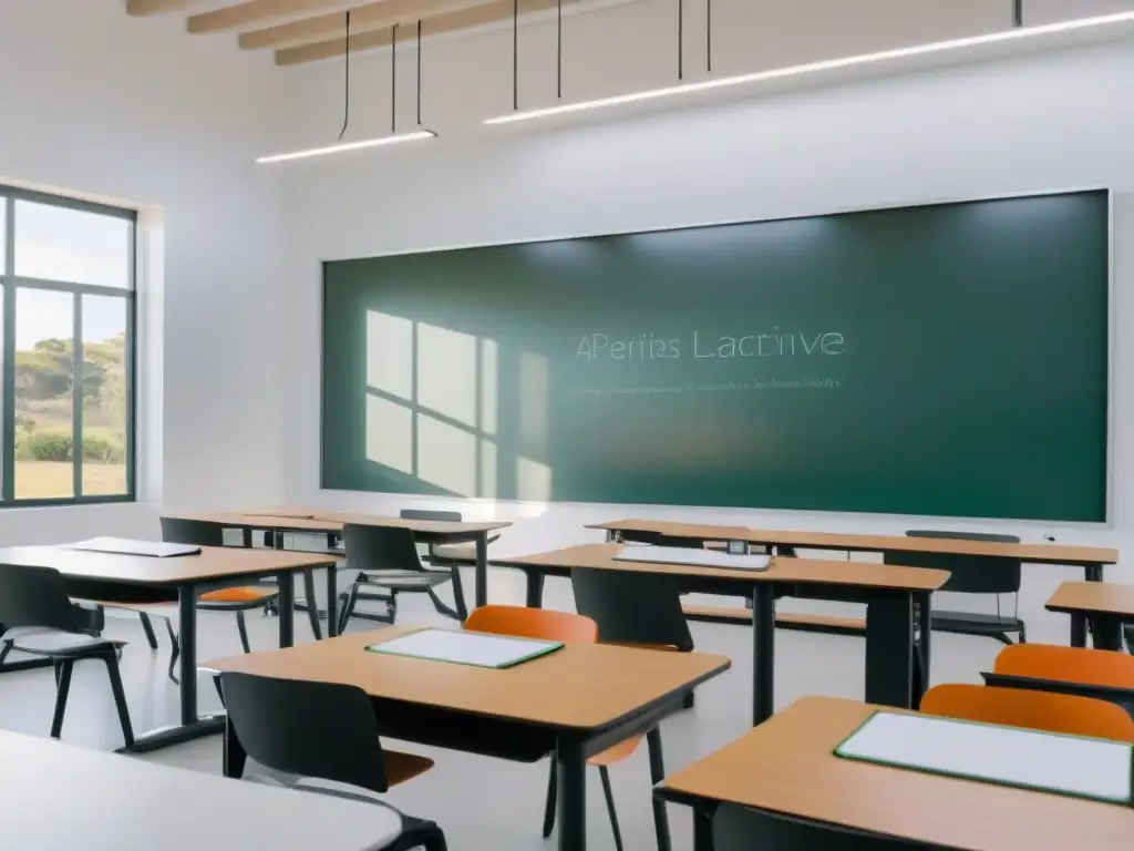 Aula futurista en Uruguay: tecnología educativa AI en acción Futuro aula en Uruguay con tecnología AI educativa y estudiantes diversos colaborando