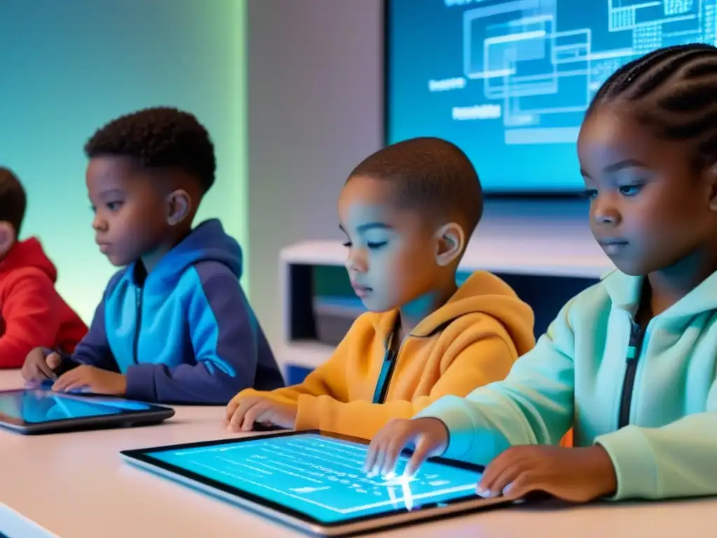 Niños programadores inmersos en tecnología educativa futurista Futuro de la educación: niños programando en aulas digitales