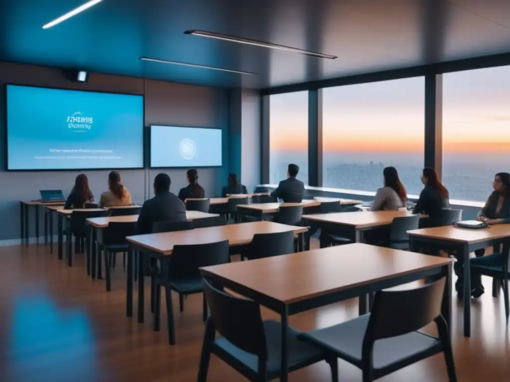 Futuro brillante en aula de tecnología en Uruguay con estudiantes diversos y avanzada tecnología educativa