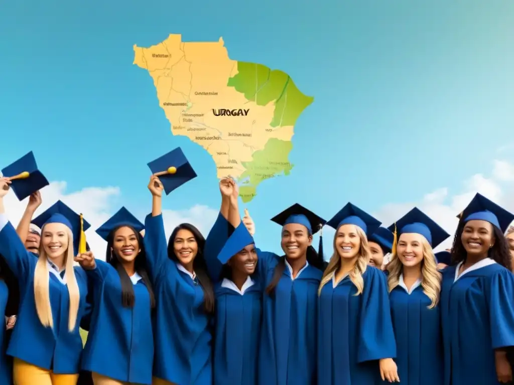 Un futuro brillante y esperanzador: estudiantes sonrientes con birretes frente al mapa de Uruguay