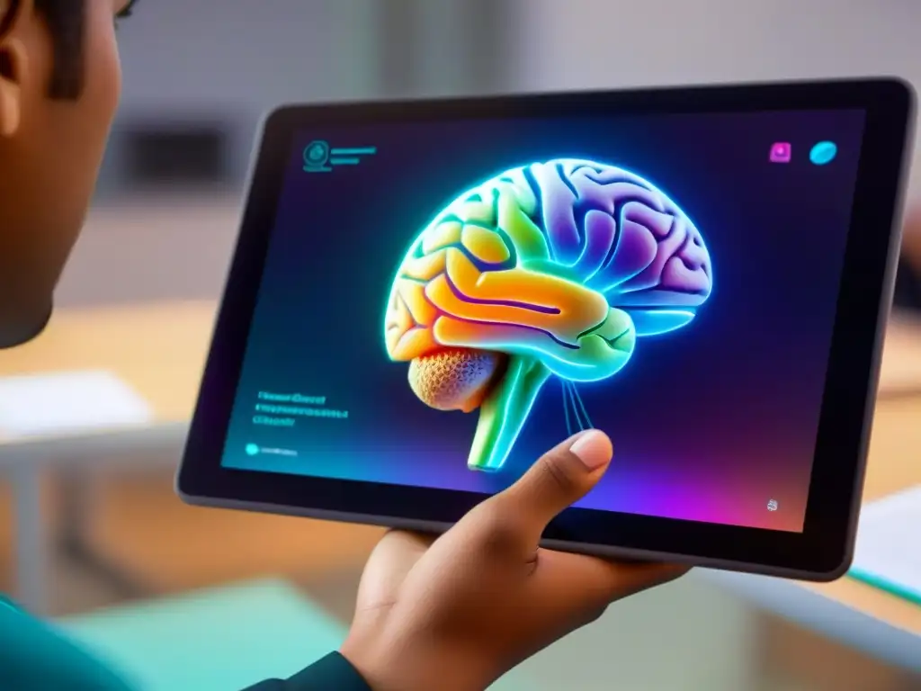 Un futuro educativo inclusivo en Uruguay: mano con tablet AI muestra red neuronal holográfica