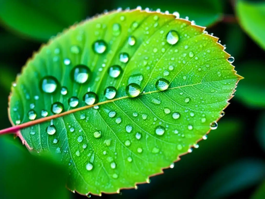 Gotas de rocío en una hoja verde vibrante reflejan la belleza natural