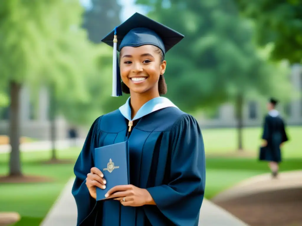 Un graduado feliz con toga y birrete sosteniendo su diploma en un campus universitario