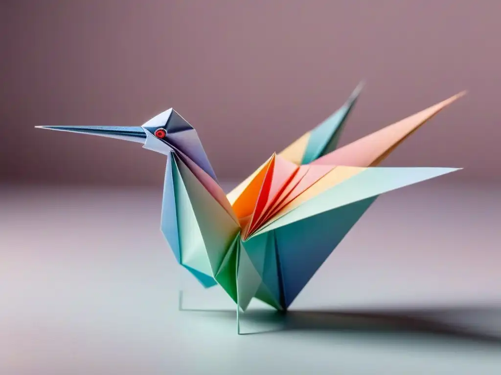 Grulla de origami multicolor sobre superficie suave, con pliegues precisos y sombras sutiles