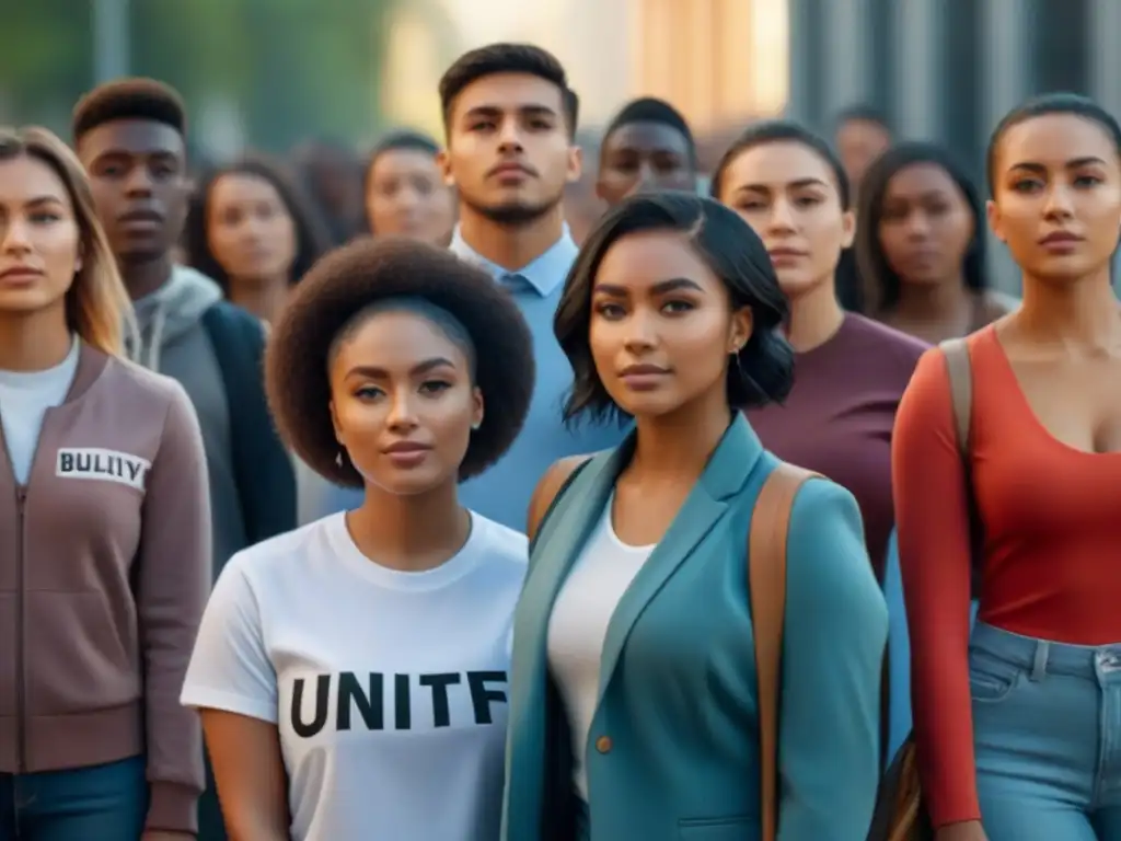 Unidad estudiantil contra el acoso: diversidad y fuerza Grupo diverso de estudiantes unidos contra el acoso escolar, mostrando fortaleza y apoyo