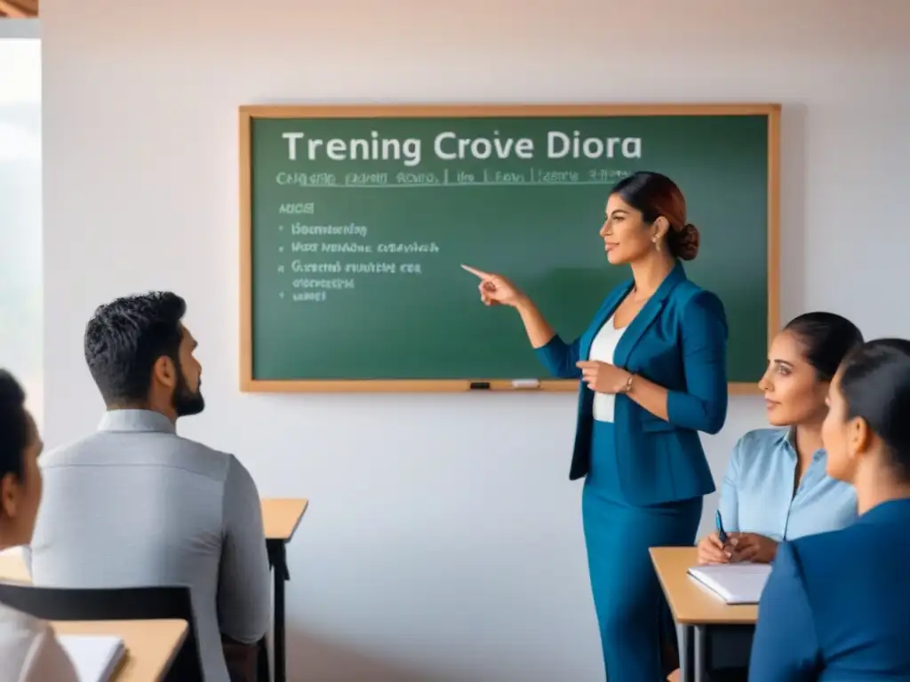 Grupo diverso de adultos aprendiendo español en aula luminosa de Uruguay