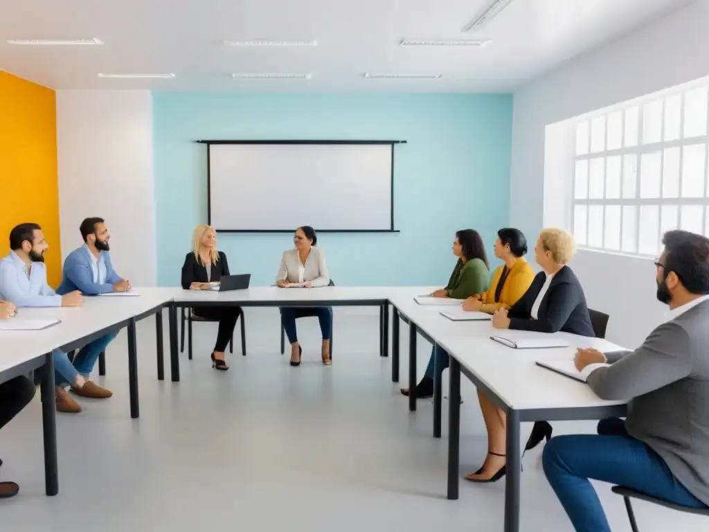 Grupo diverso de adultos aprendiendo idiomas en un aula moderna en Uruguay