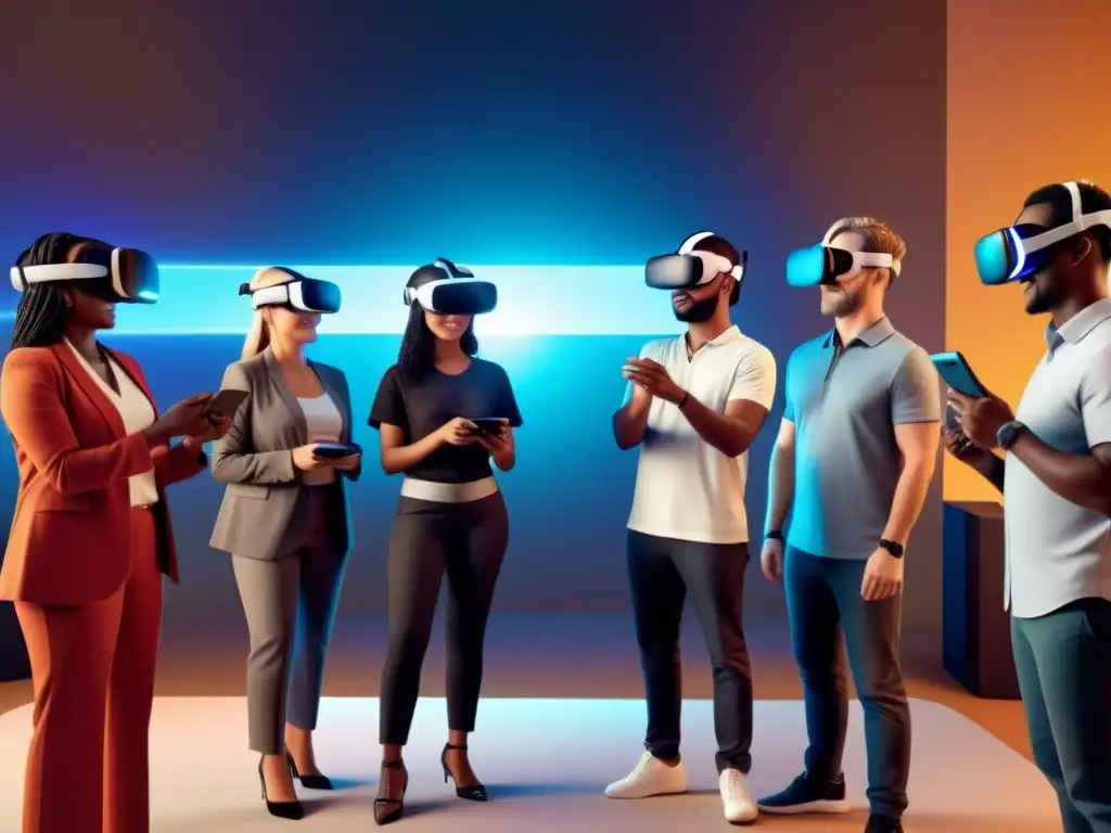 Un grupo diverso de adultos jugar un juego de realidad virtual educativo