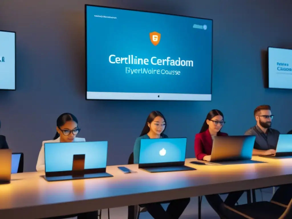 Un grupo diverso de adultos estudia en línea en un curso de certificación, concentrados en sus laptops