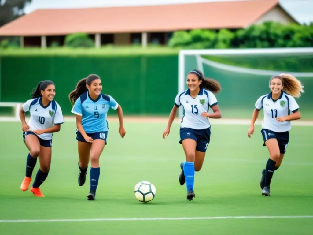 Grupo diverso de alumnas uruguayas jugando fútbol en Paysandú, Uruguay, promoviendo la inclusión educativa a través del deporte