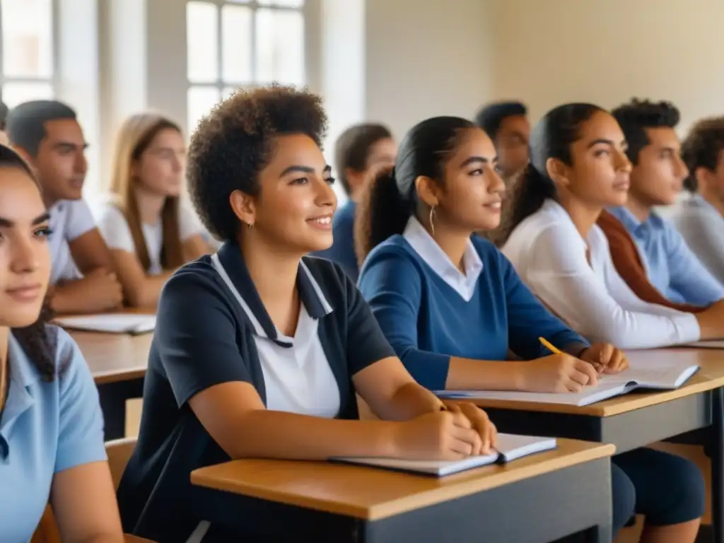 Un grupo diverso de estudiantes unidos en un aula moderna en Uruguay