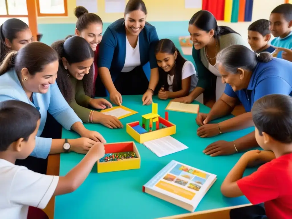 Grupo diverso en centro comunitario de Uruguay, colaborando en proyecto educativo