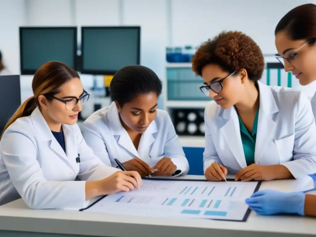 Equipo diverso de científicas en laboratorio moderno en Uruguay Un grupo diverso de científicas en un laboratorio moderno en Uruguay, colaborando en proyectos STEM