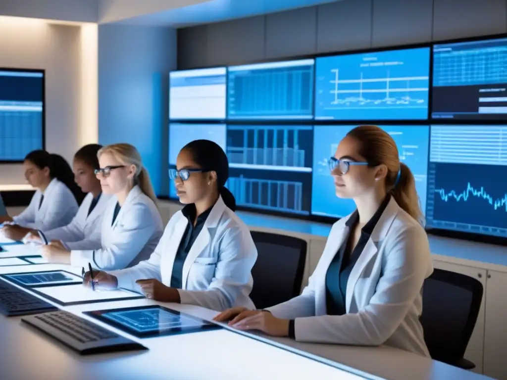 Mujeres científicas en Uruguay: unidas por la innovación en STEM Un grupo diverso de científicas y matemáticas en Uruguay trabajando juntas en un laboratorio moderno