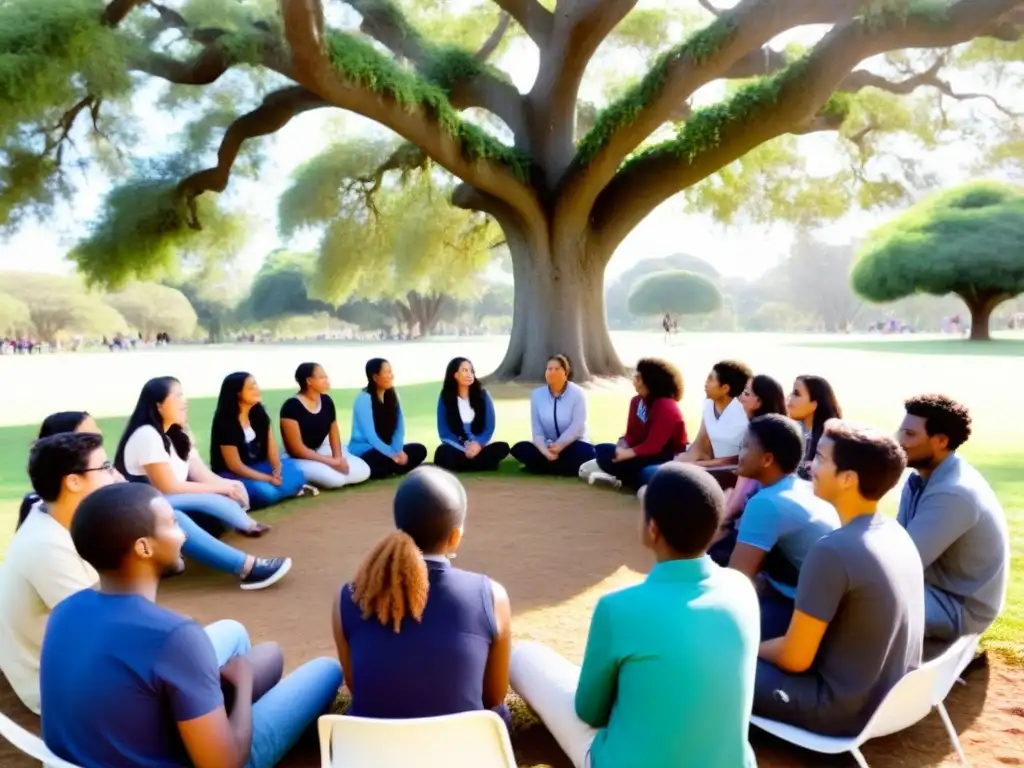 Grupo diverso en círculo debatiendo bajo un árbol en parque uruguayo