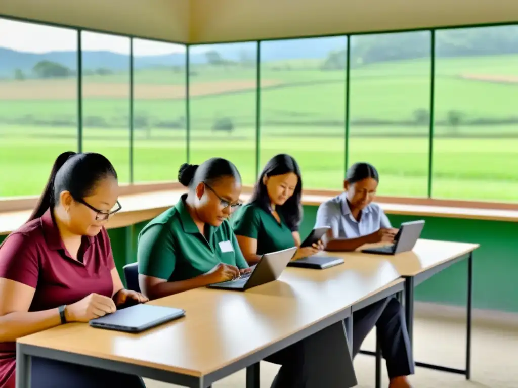 Un grupo diverso de docentes en aula rural con tecnología móvil, capacitándose juntos