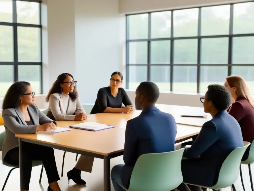 Un grupo diverso de docentes discuten animadamente en un aula moderna, con materiales educativos esparcidos, mientras la luz natural ilumina la escena