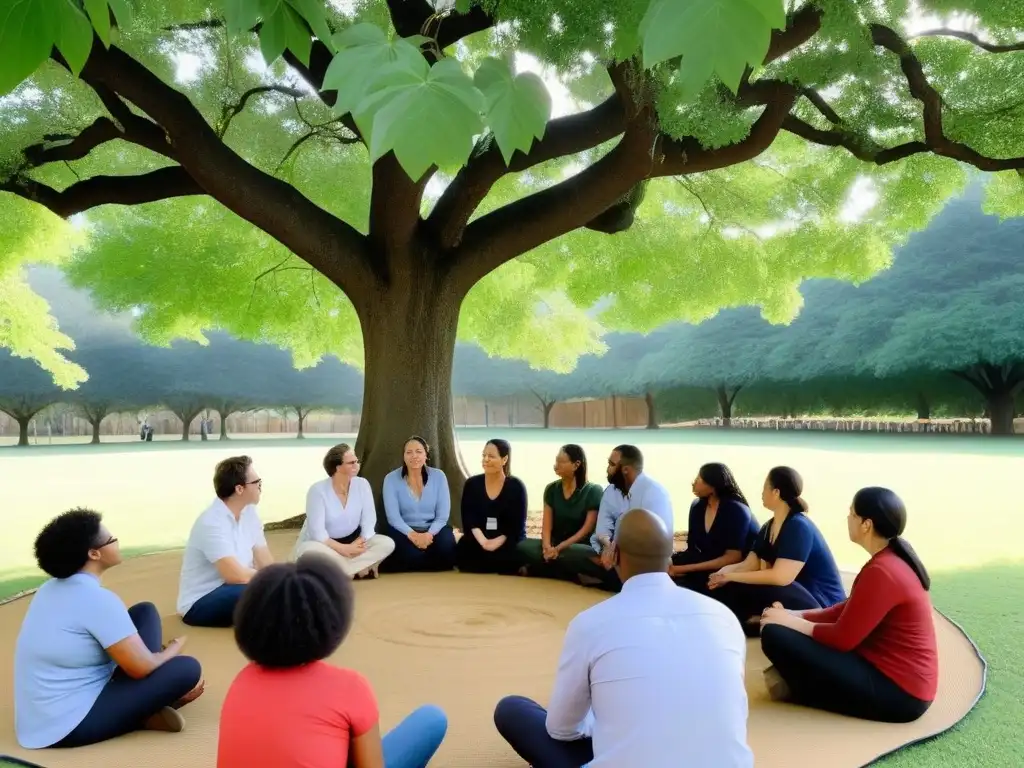 Grupo diverso de docentes en capacitación docente aprendizaje servicio Uruguay, colaborando debajo de un árbol