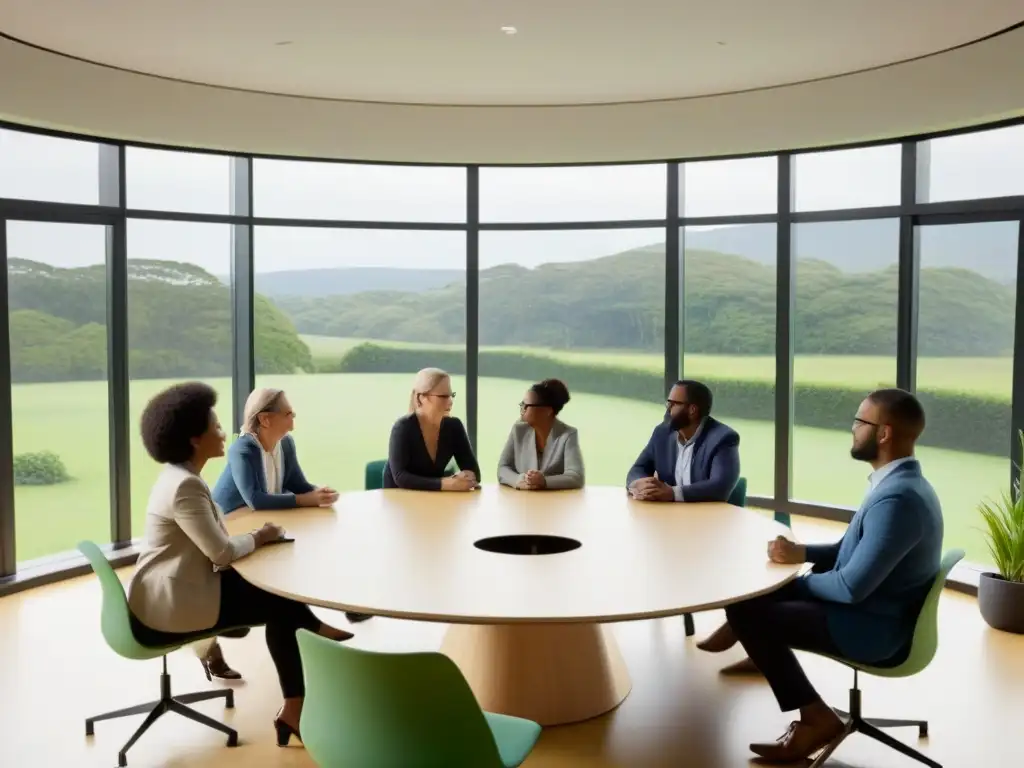 Grupo diverso de docentes en capacitación docente aprendizaje servicio Uruguay, compartiendo ideas en aula moderna y luminosa