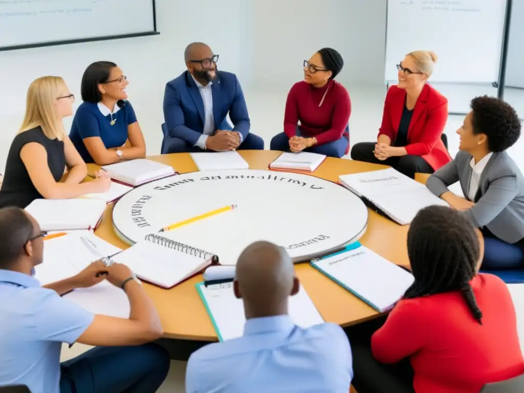 Grupo diverso de docentes en capacitación de educación socioemocional en Uruguay, colaborando y aprendiendo juntos en aula iluminada