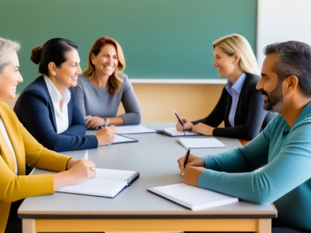 Un grupo diverso de docentes en un curso de capacitación en Uruguay, colaborando y aprendiendo juntos para mejorar su enseñanza